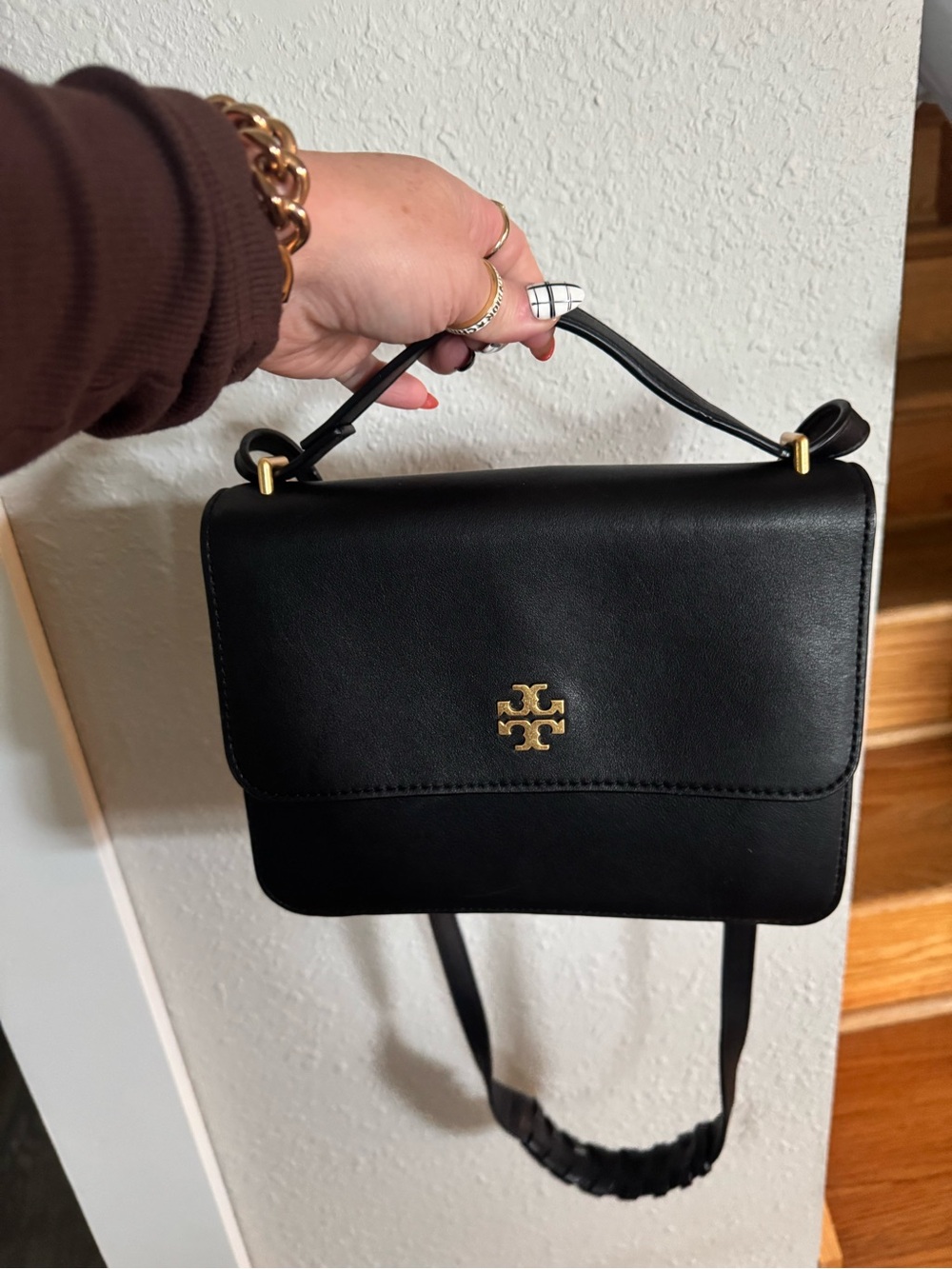 Tory Burch Black Leather Top-Handle Shoulder Bag with Gold Logo